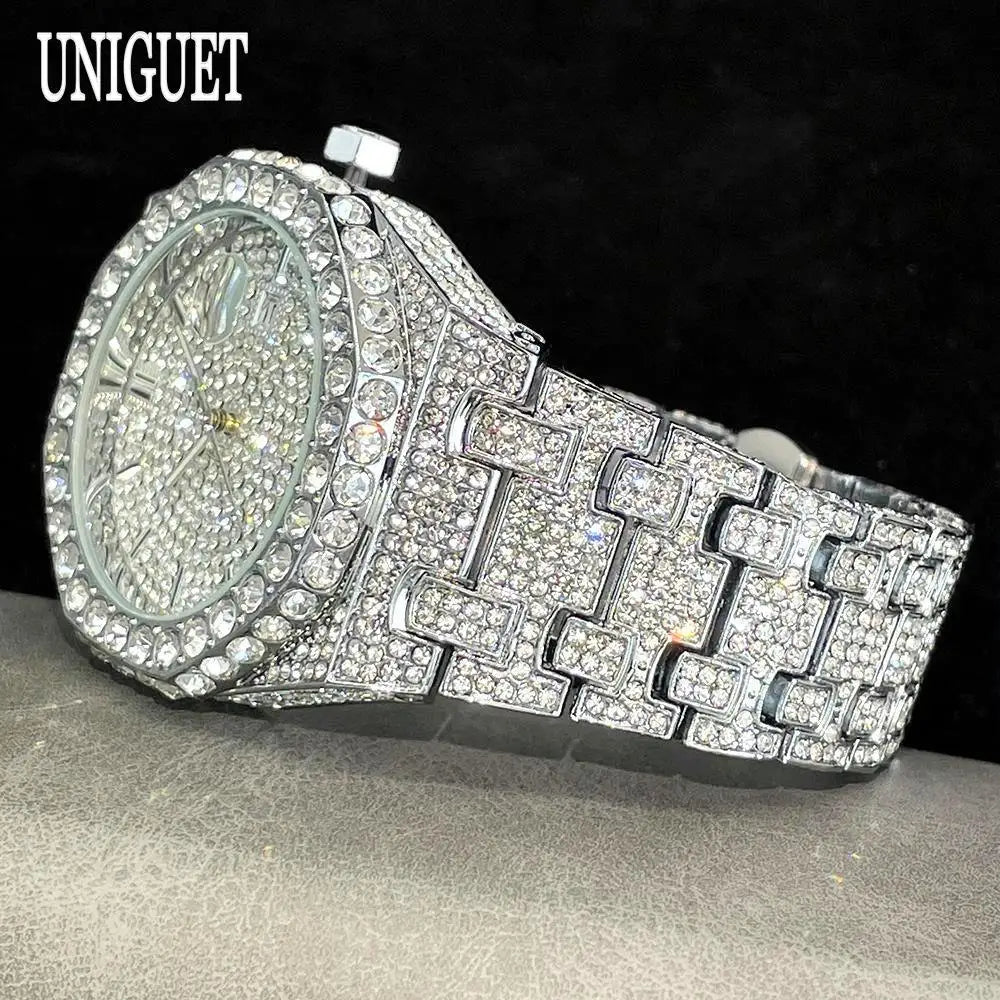 Luxury diamond-encrusted watch with 'UNIGUET' branding on a dark background
