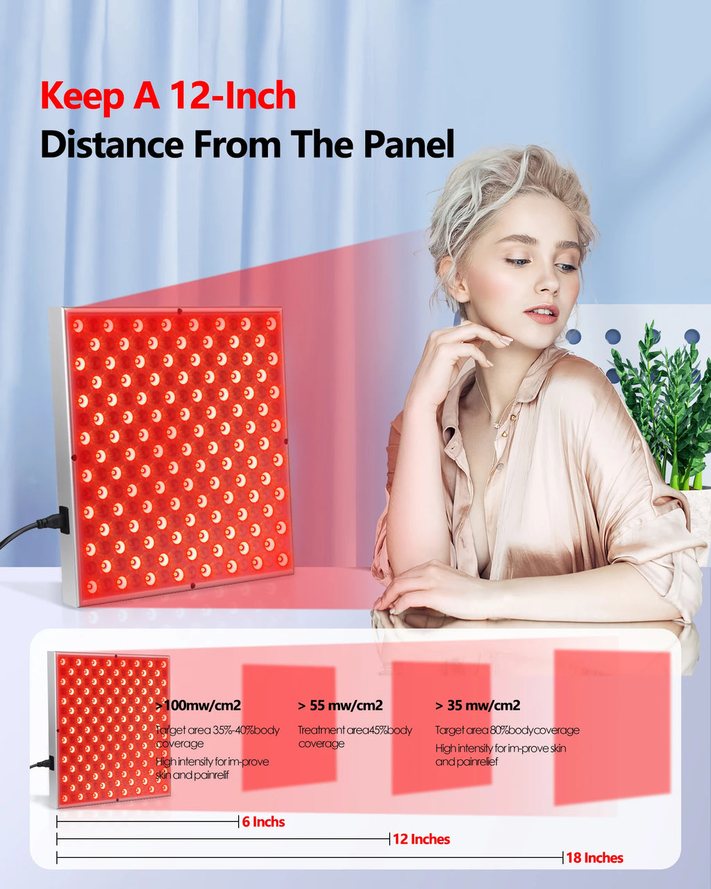 Woman sitting next to a red LED panel with text on a blue background