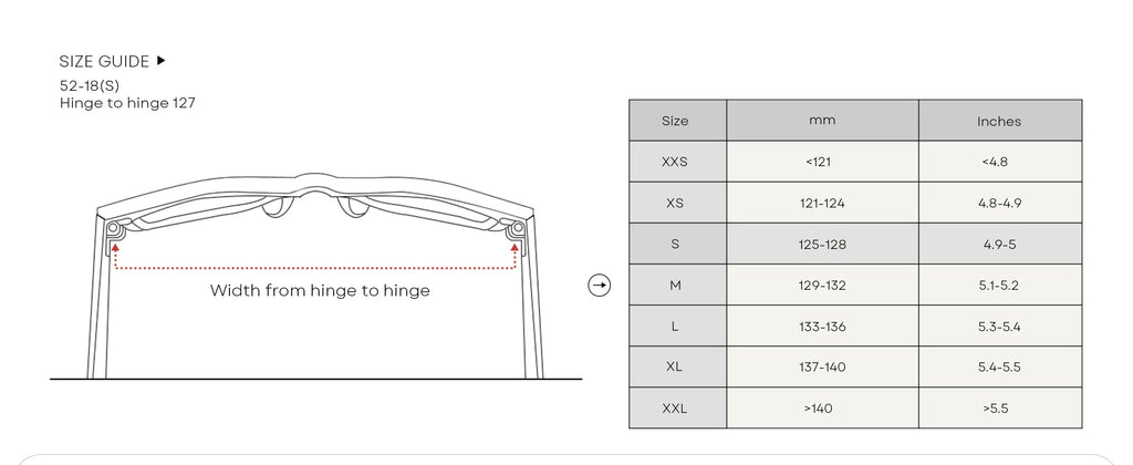 Size guide for a product with measurements in millimeters and inches.