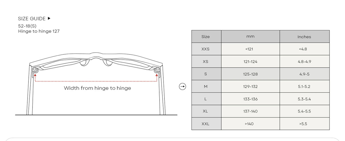Size guide for a product with measurements in millimeters and inches.