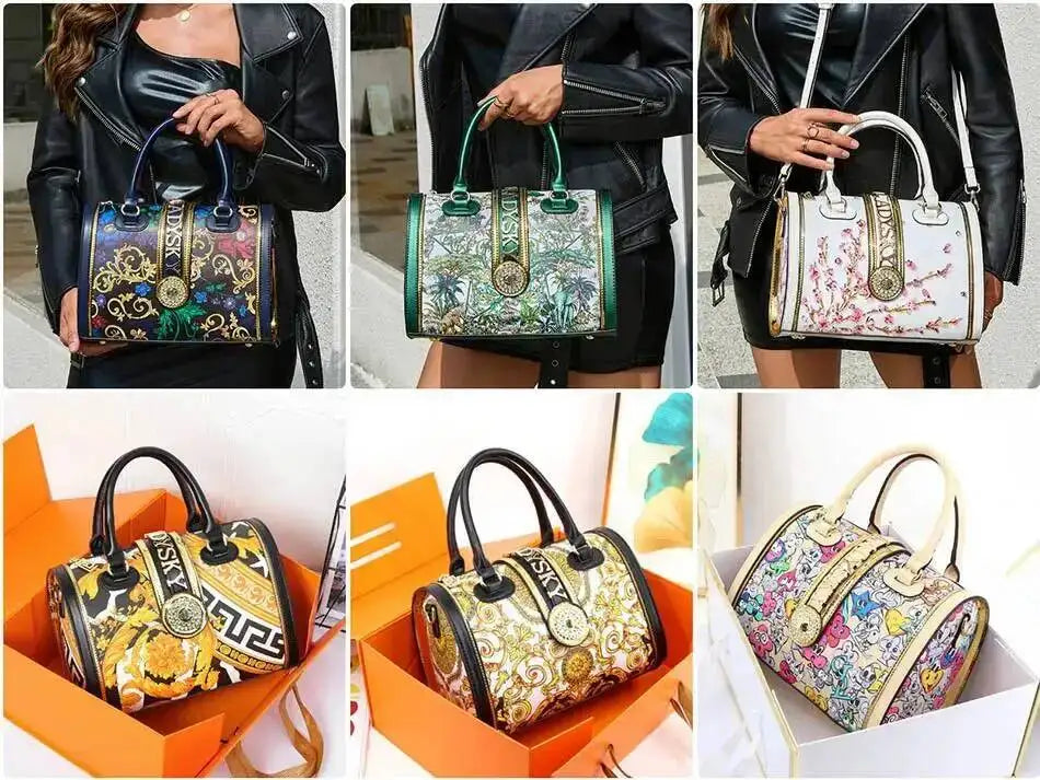 A 6-panel collage showing four Versace handbags in different color and pattern variations, with two panels featuring models in black leather jackets holding the bags and two panels showing the bags displayed inside orange and white boxes.