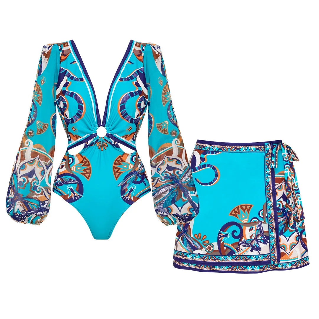 Vibrant Patterned Long Sleeve Bikini Set