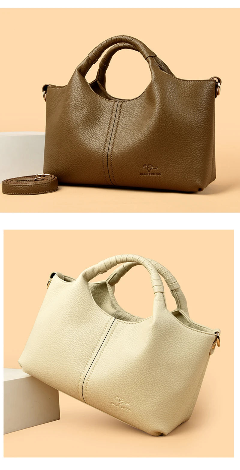 Women's Genuine Leather Bucket Bag with Crossbody Strap
