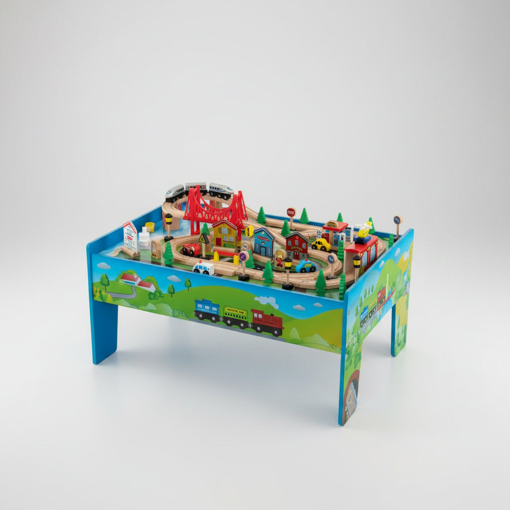 Toy train set on a table with colorful scenery