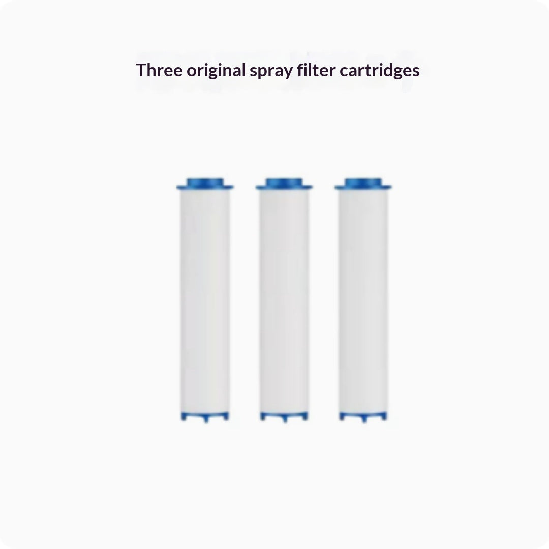 Three white spray filter cartridges with blue tops and bottoms, shown side-by-side on a white background with the text 'Three original spray filter cartridges' above them.