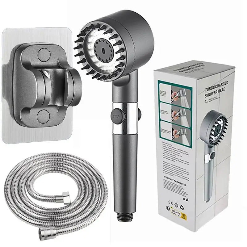 Turbocharged shower head with bracket, hose, and packaging on a white background