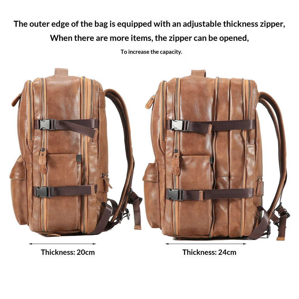 Two views of a brown leather backpack on a white background with explanatory text about adjustable zipper thickness and capacity. The left view shows a thickness of 20cm, and the right view shows a thickness of 24cm.