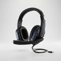 Black over-ear gaming headset with a flexible boom microphone, padded headband, and blue accent lines on the earcups, shown on a plain white background.