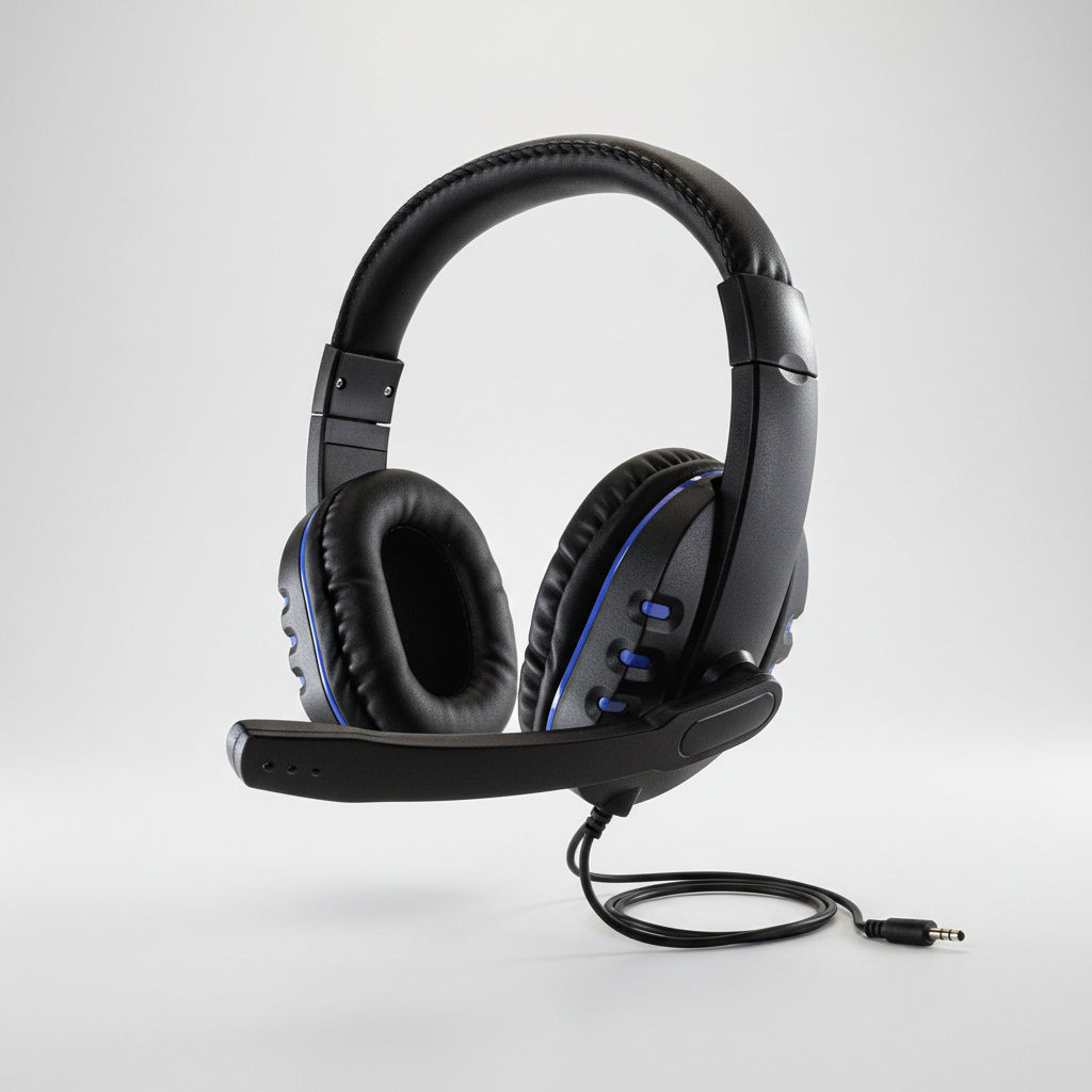 Black over-ear gaming headset with a flexible boom microphone, padded headband, and blue accent lines on the earcups, shown on a plain white background.