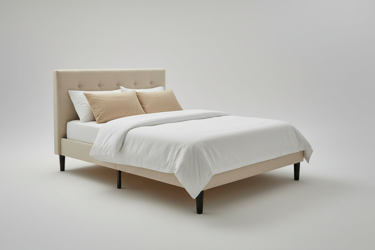 Beige upholstered bed with slatted base on a white background