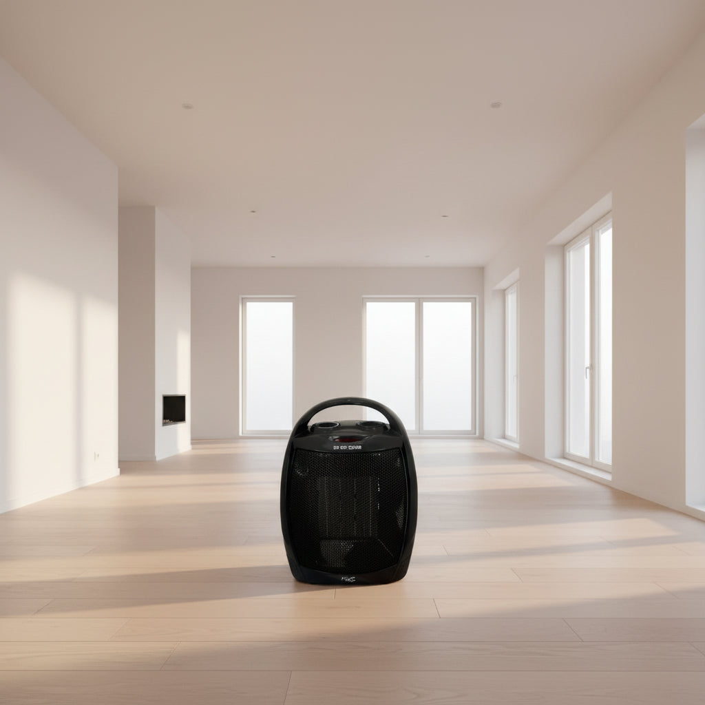 Black electric space heater with 'Do Not Cover' label on a white background