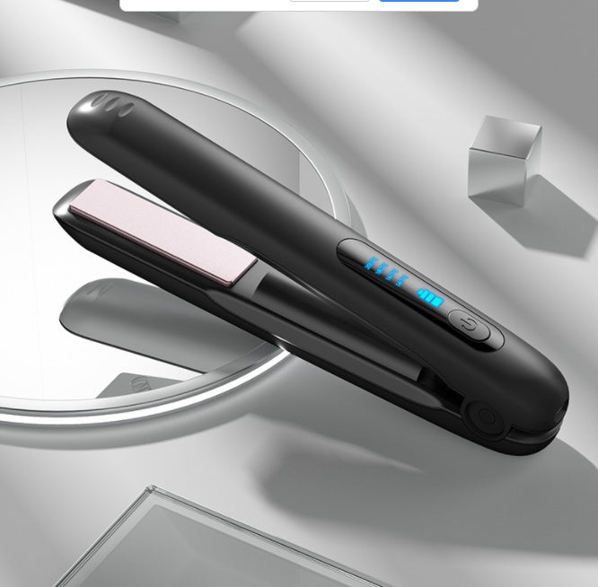 Wireless 2-in-1 hair straightener in black, open view showing ceramic plates and blue LED heat indicator on silver background