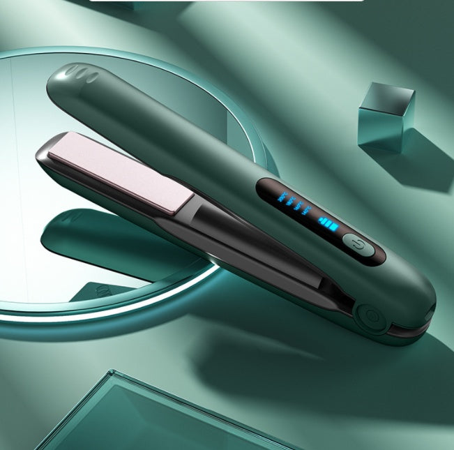 Hair straightener on a reflective surface with a teal background