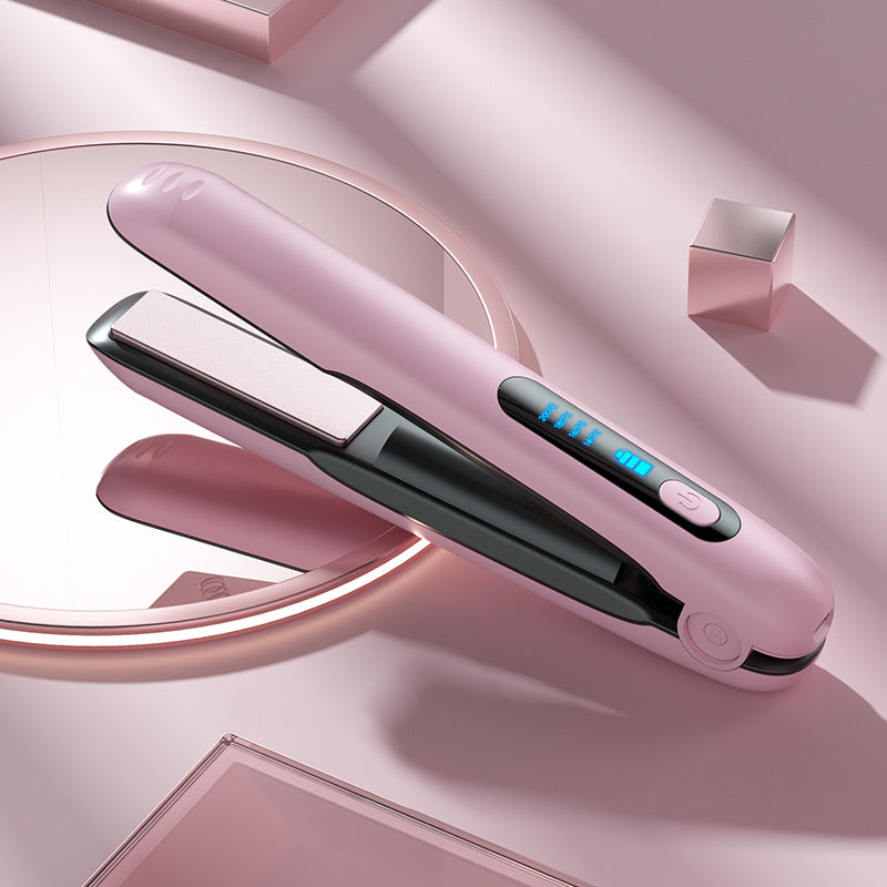 Wireless 2-in-1 hair straightener in white, angled view showing ceramic plates, LED display and 4 heat settings