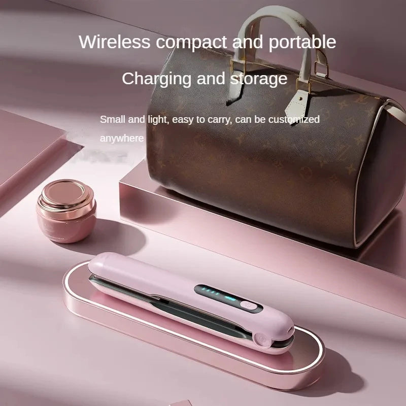 Wireless charging and storage device with a handbag and container on a pink background