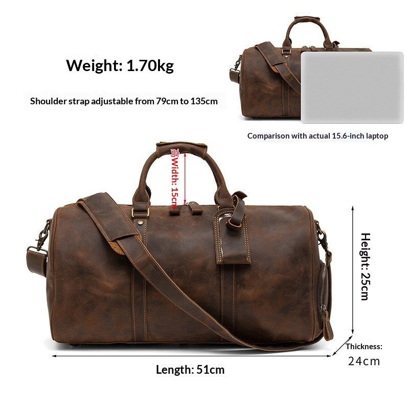 A dark brown distressed leather duffel bag shown on a white background with overlaid dimensions and text. The image includes a larger front view of the bag, a smaller top-down view next to a gray laptop for scale, and measurement labels for length, height, and thickness.