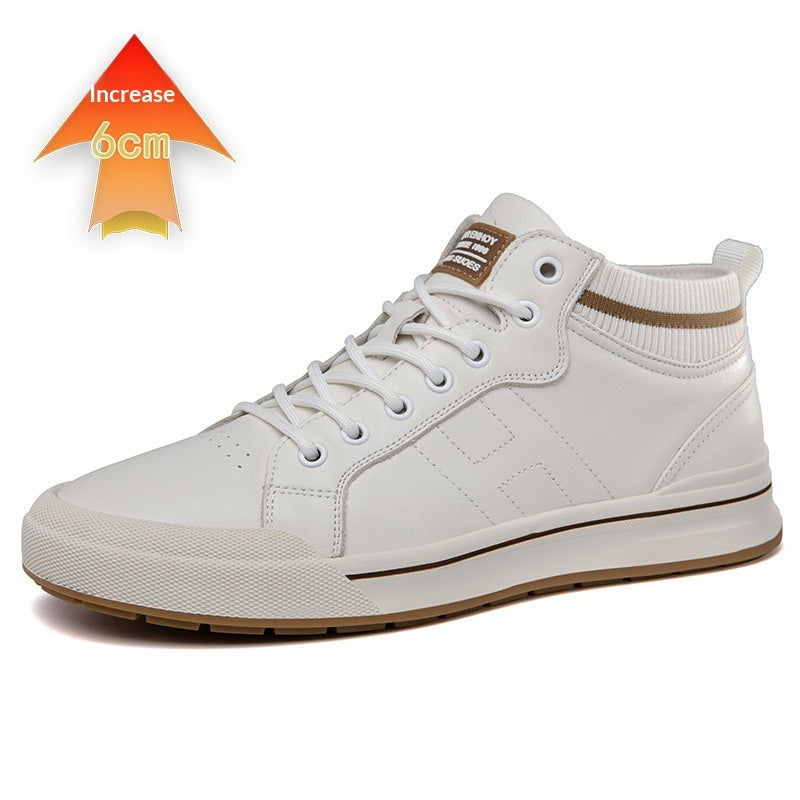 A white mid-top sneaker with white laces, a brown textured sole, and a brown accent stripe on the collar, shown on a white background with an orange 'increase 6cm' graphic in the top-left corner.