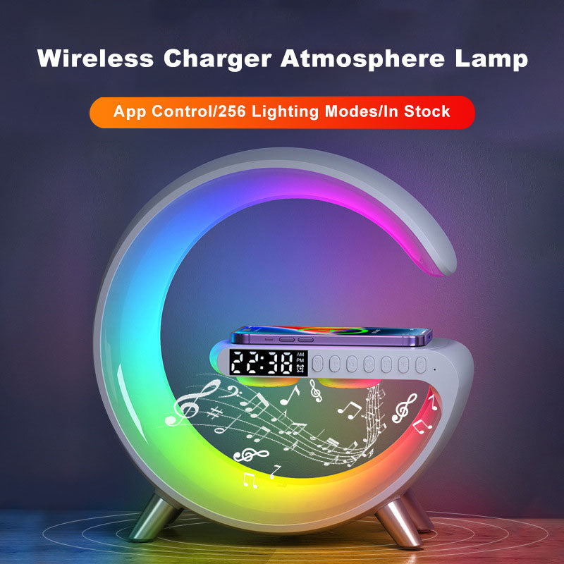 Wireless charger atmosphere lamp with colorful display and app control features on a dark background.