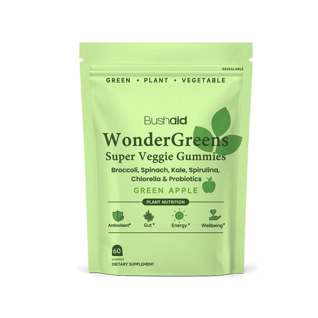 Green package of Bush Aid WonderGreens Super Veggie Gummies on a white background