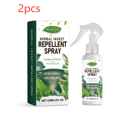 A bottle of Moonspy Herbal Insect Repellent Spray next to its green and white retail box, with a red '2pcs' text overlay at the top left, on a plain white background.