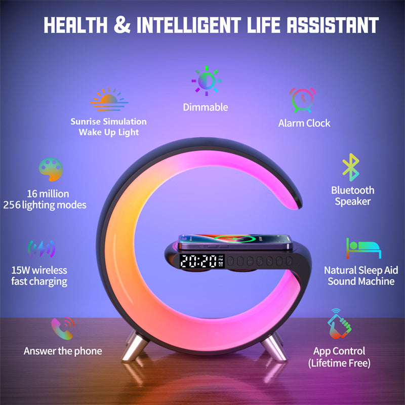 Multifunctional device with LED display and various features on a purple background