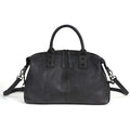 Women's retro genuine leather handbag in black, front view with zipper closure and adjustable crossbody strap
