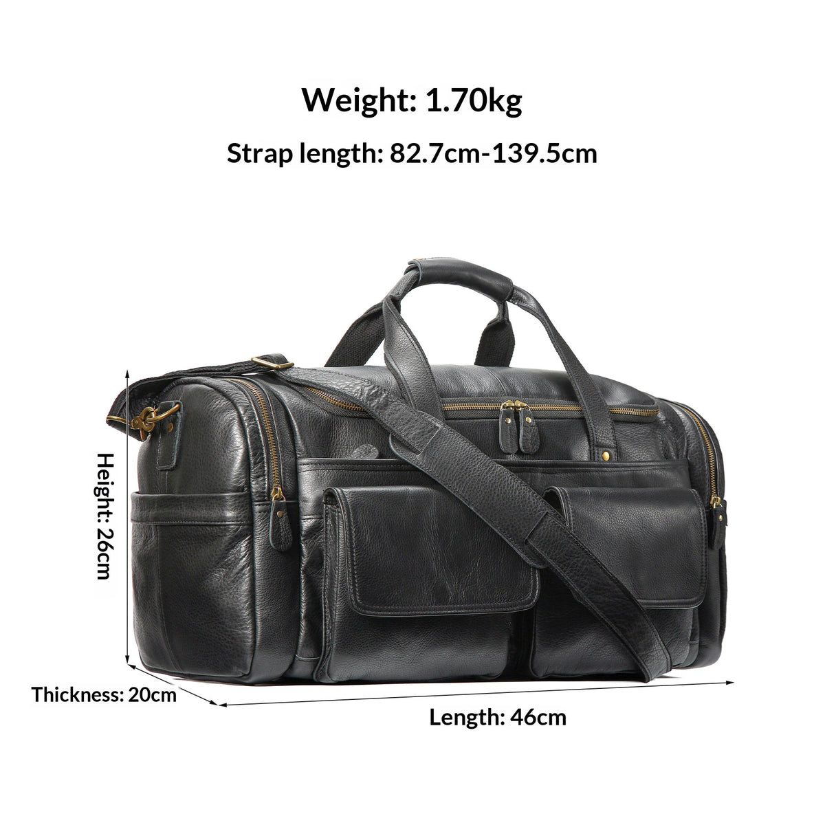 Black leather duffel bag with dimension labels showing height, width, and length, plus weight and strap length text on a white background.