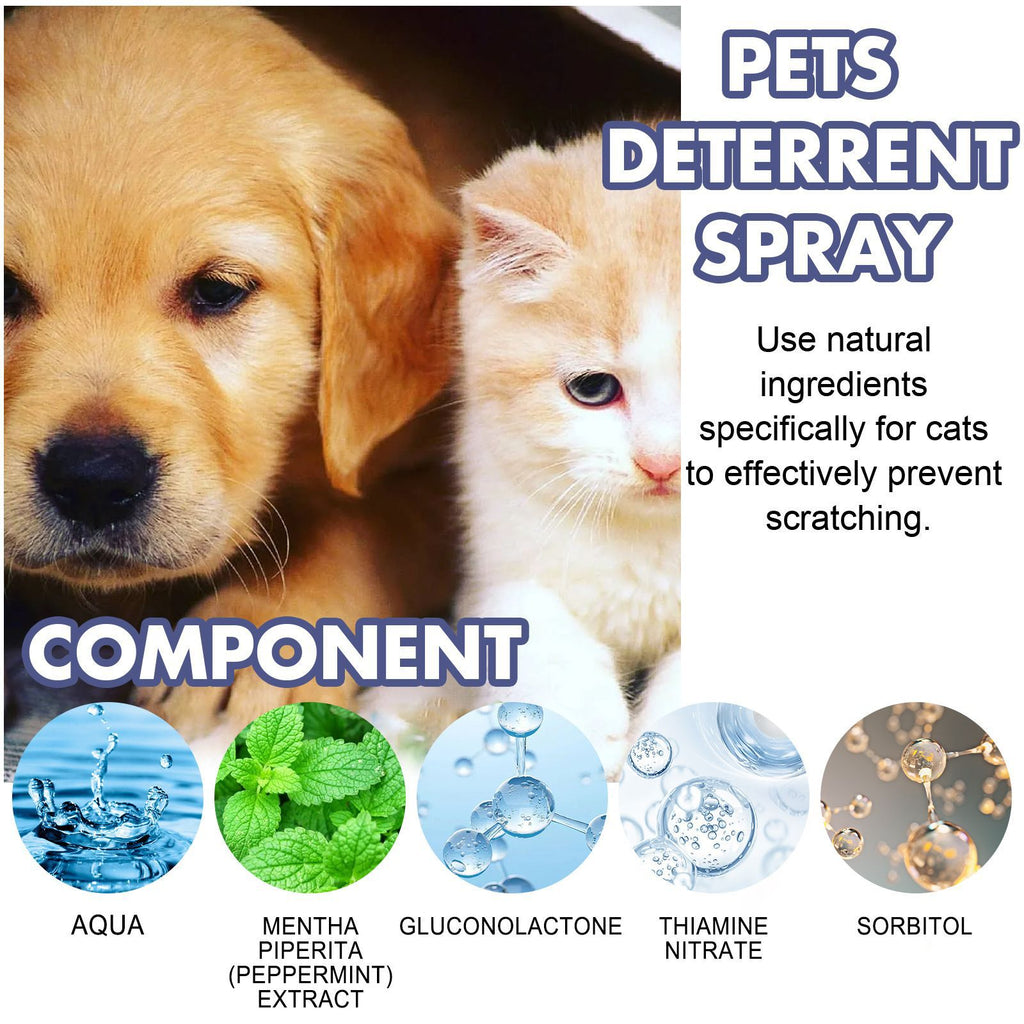 Advertisement for pets deterrent spray with a puppy and kitten, showing natural ingredients and product name.