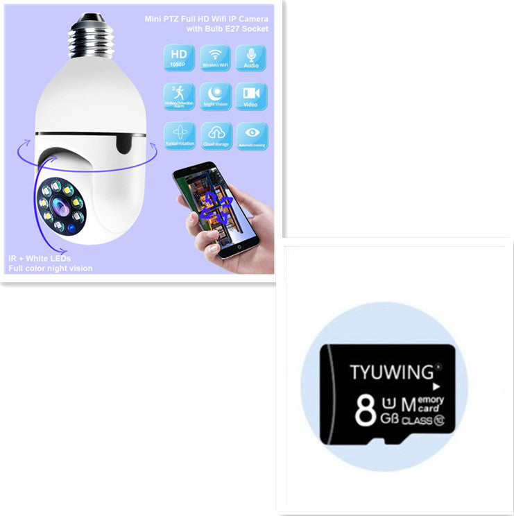 Smart bulb camera with smartphone app and TYUWING 8GB microSD card on a white background