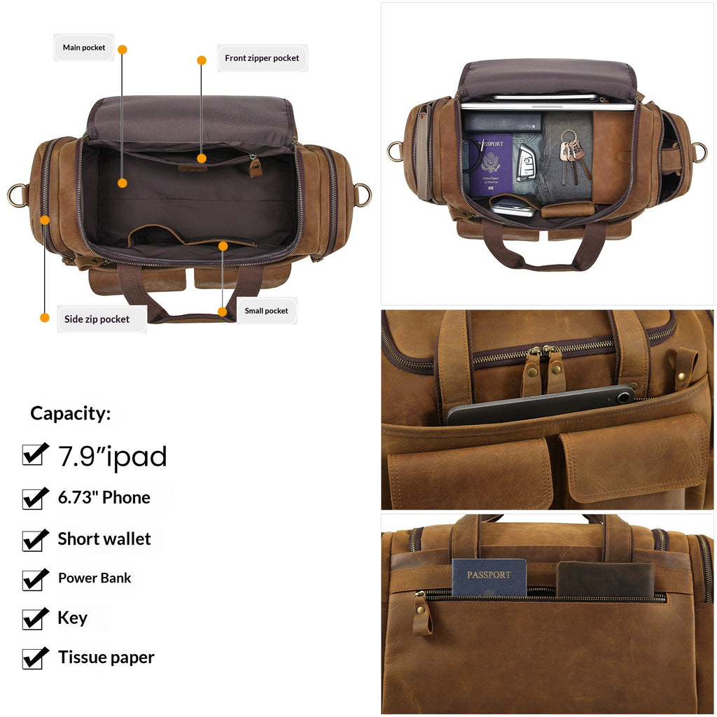 A brown leather crossbody bag shown from multiple angles on a white background, with callout lines labeling pockets and a text list of capacities including 7.9" iPad, 6.