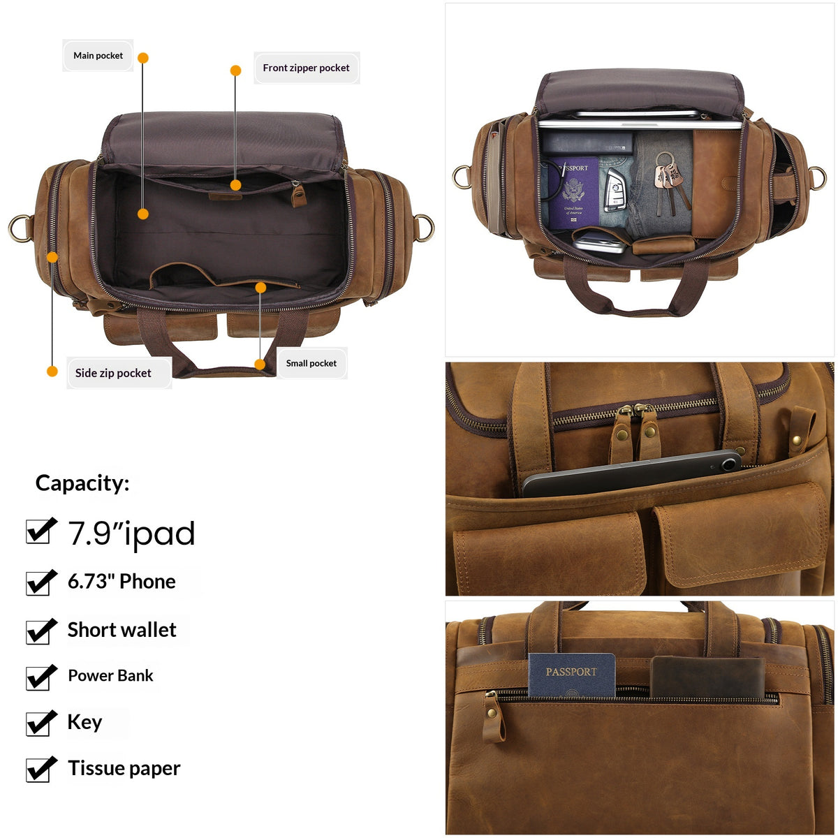 A brown leather crossbody bag shown from multiple angles on a white background, with callout lines labeling pockets and a text list of capacities including 7.9" iPad, 6.