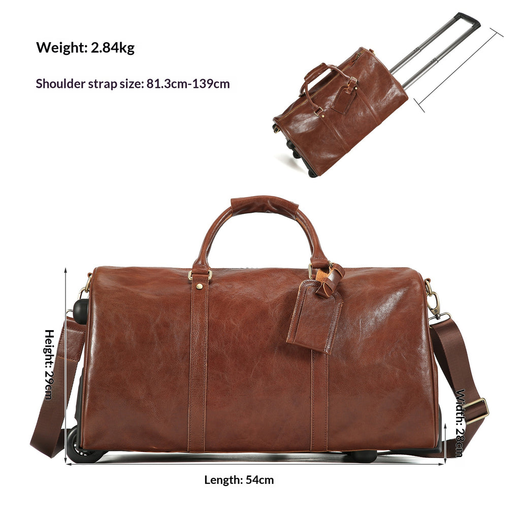 Brown leather duffel bag with dimensions and weight information shown on a white background, plus a small inset showing the bag with its telescoping handle extended.