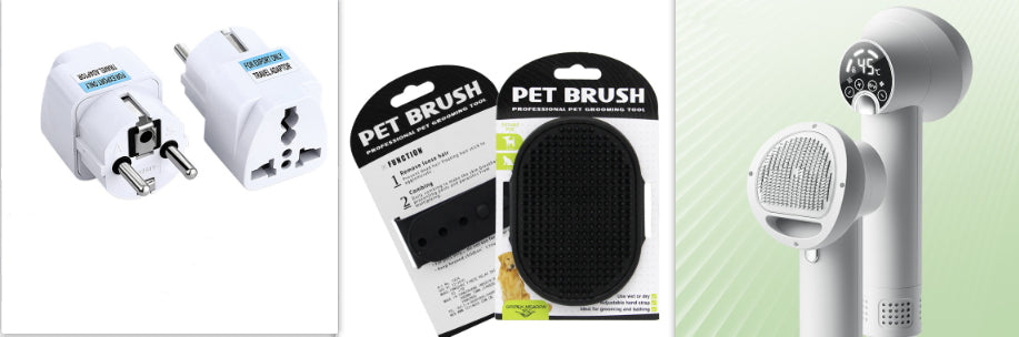 Three product images: a white plug adapter, a pet brush in packaging, and a white hair dryer.