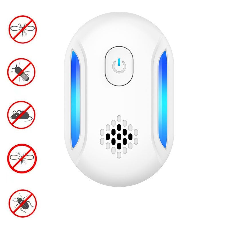 A white oval electronic pest trap device with blue illuminated side panels, a power button in the center, and a speaker grille below. Five red-and-white insect prohibition icons are shown vertically along the left side on a plain white background.