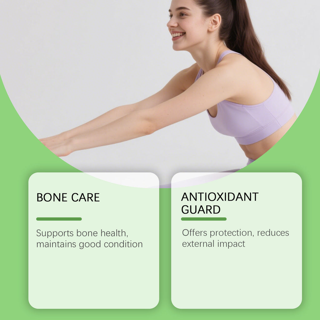 Woman exercising with text on bone care and antioxidant guard benefits