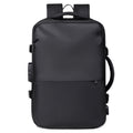 A black minimalist backpack with a top carry handle, side compression straps, and a front zippered pocket, shown against a clean white geometric background.