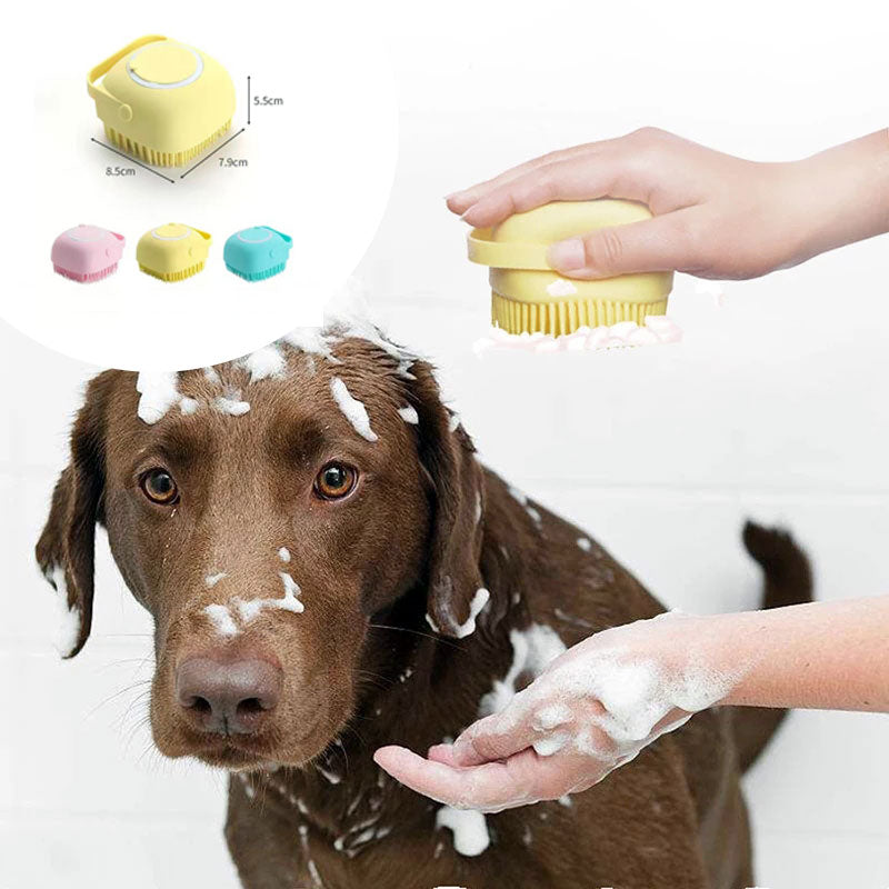 Dog being bathed with a yellow scrubber, showing close-up of scrubber and bath products.