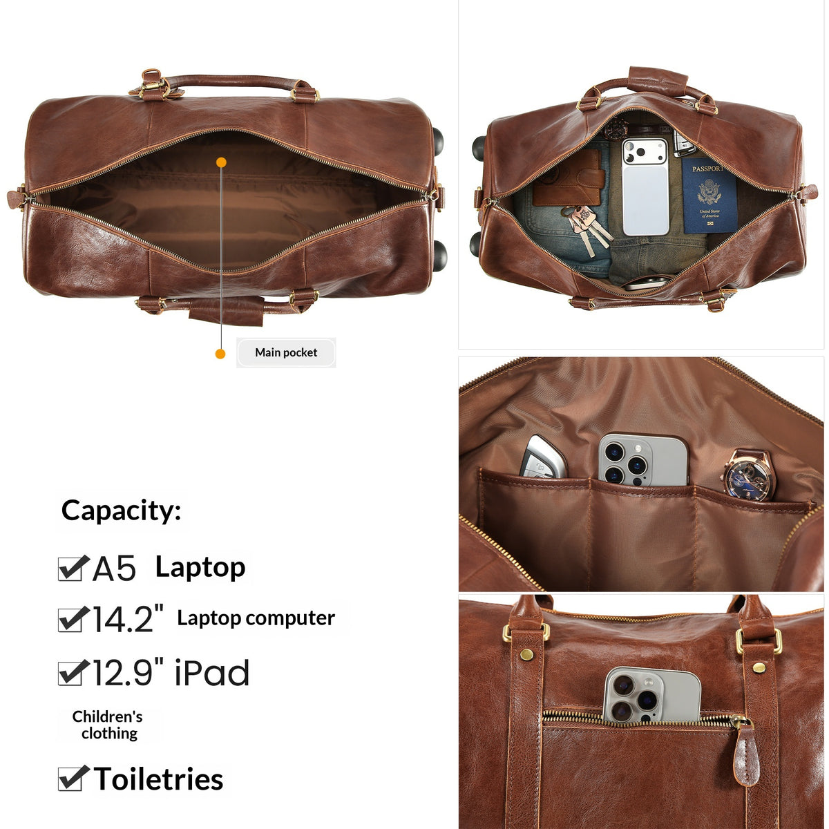 A brown leather travel duffel bag shown from multiple angles on a white background, including open views of the main compartment and interior pockets, plus text listing capacity for a laptop, iPad, children's clothing, and toiletries.