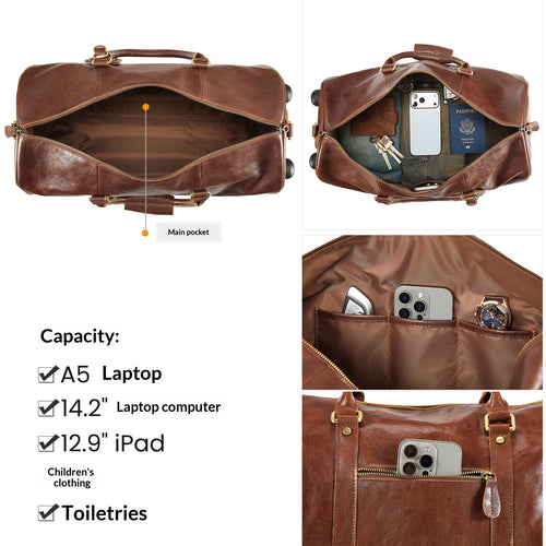 A brown leather travel duffel bag shown from multiple angles on a white background, including open views of the main compartment and interior pockets, plus text listing capacity for a laptop, iPad, children's clothing, and toiletries.