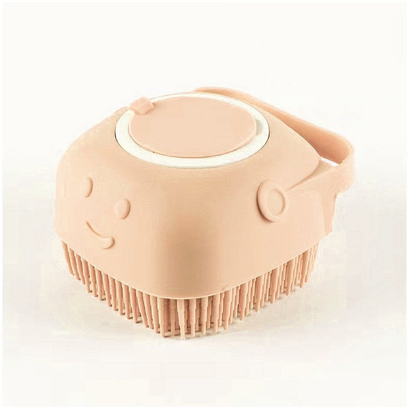Beige silicone scrubber with a smiley face on a white background