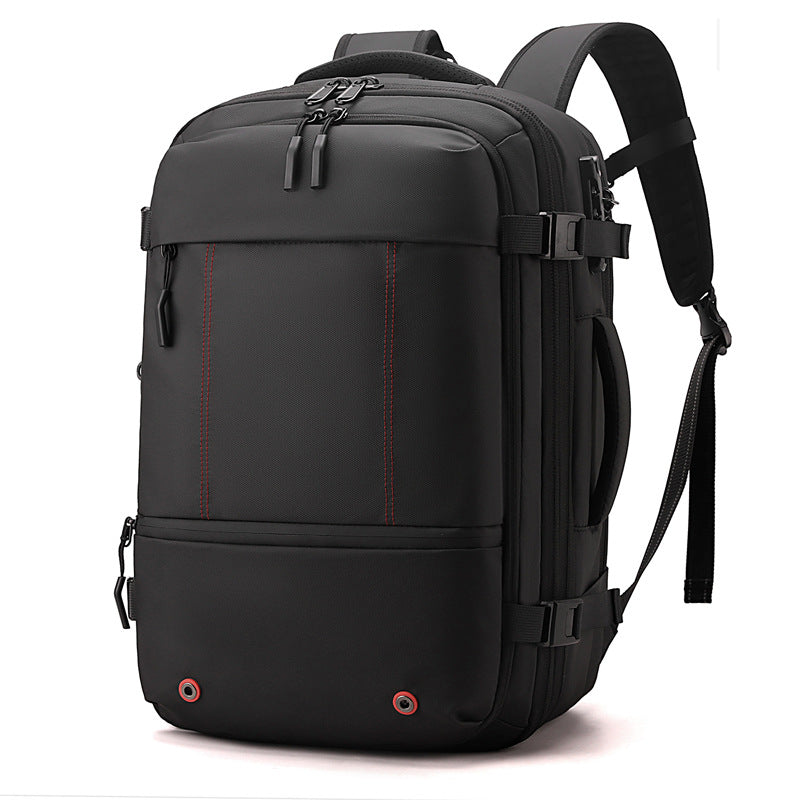 Black backpack with red accents on a white background