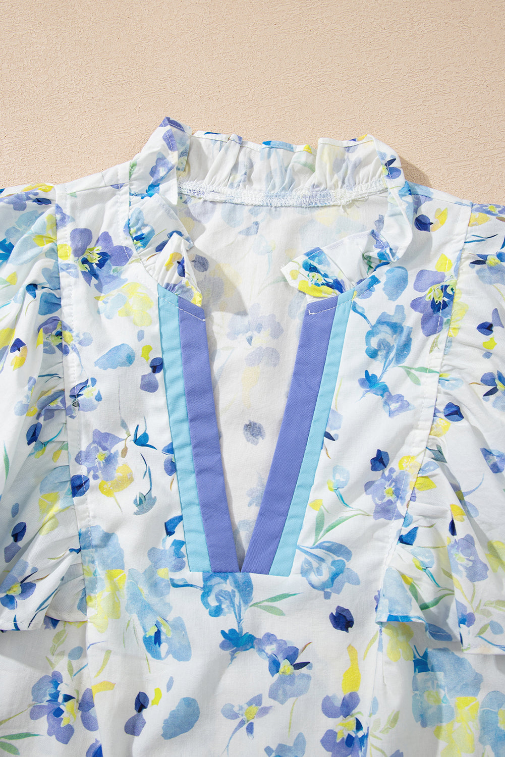 Sky Blue Floral Print Frilled Notched V Neck Blouse-4
