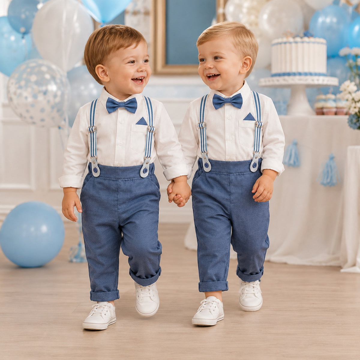 Two toddlers walking hand in hand, wearing matching boy's formal party outfits with white shirts, blue suspenders, blue trousers, and blue bow ties, set against a decorated baby shower background with balloons and cake stands.
