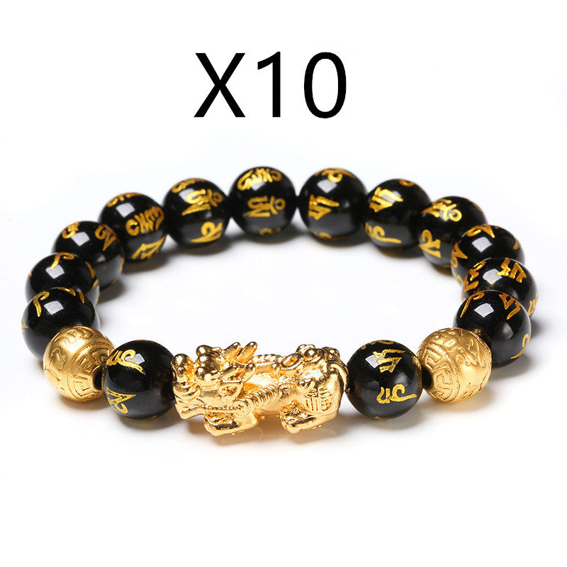Black beaded bracelet with gold dragon charm and 'X10' text on a white background