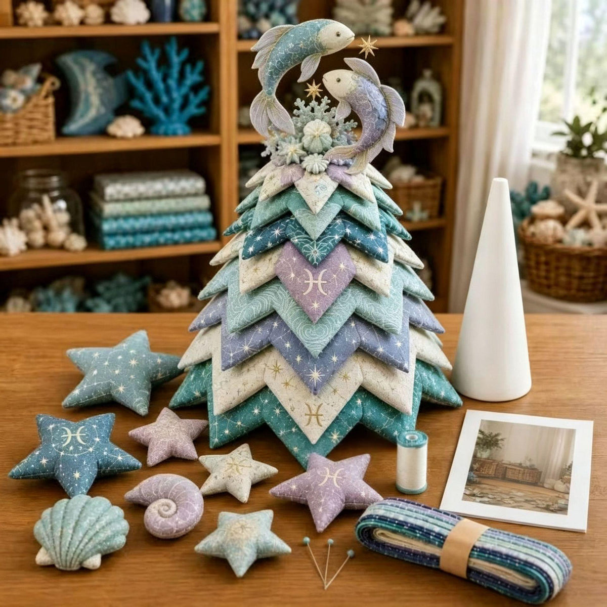 A handmade fabric Christmas tree ornament made of layered chevron-patterned fabric in shades of blue, teal, lavender, and cream, topped with two fish and snowflake decorations. The tree is displayed on a wooden table alongside various sewing and crafting supplies, including starfish, seashell fabric pieces, a cone-shaped holder, pins, and a rolled fabric bundle, with a cozy, decorated room in the background.