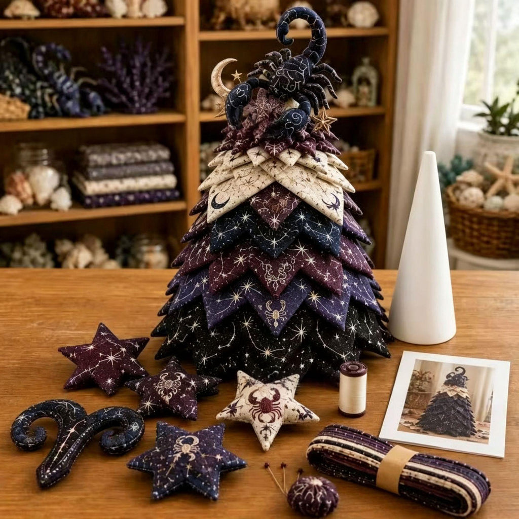 A handmade fabric Christmas tree decoration made of layered starry fabric pieces in dark purple, navy, black, and cream, displayed on a wooden table with other matching fabric ornaments and sewing supplies.