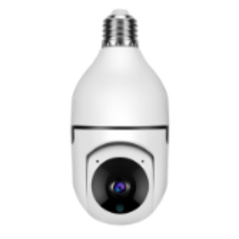 A white smart bulb security camera with a bulb-shaped housing, a black circular lens area on the front, and a silver screw base at the top, shown on a plain white background.