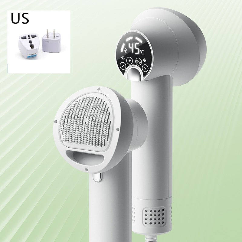 White handheld showerhead with digital display on a light green background