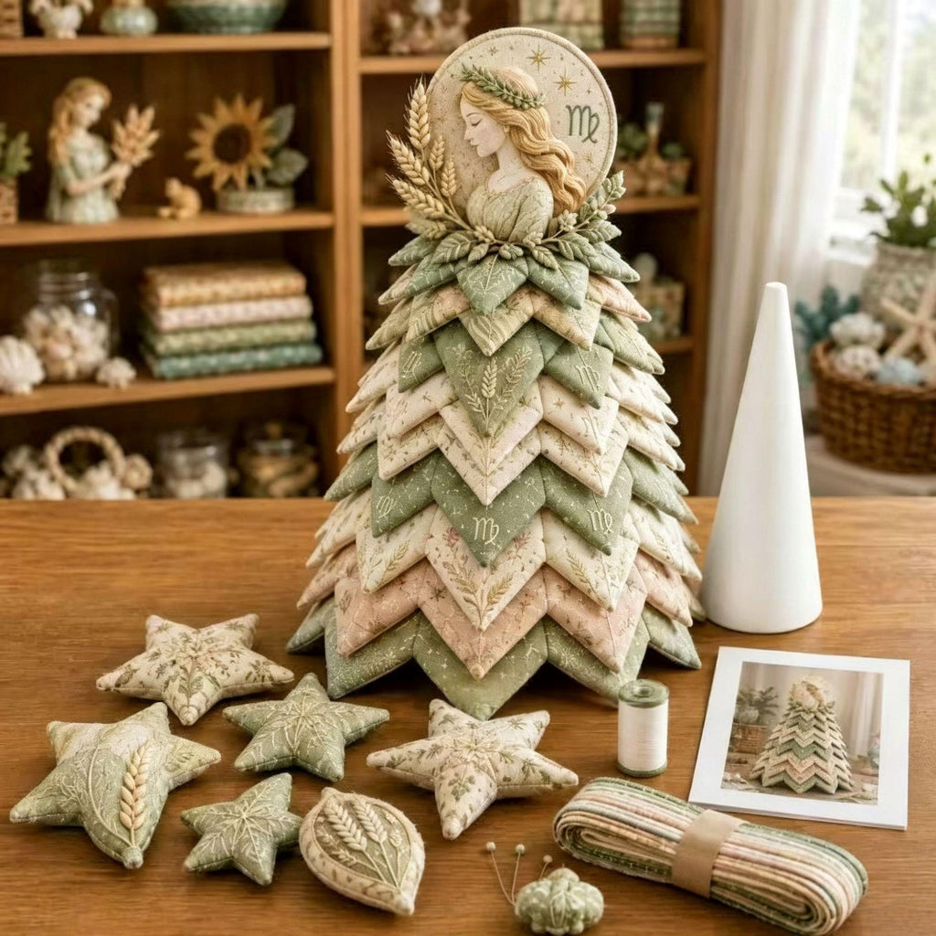 A decorative handmade tree made of layered fabric stars and leaves in soft sage green, cream, and blush tones, displayed on a wooden table with matching fabric stars, a cone-shaped white vase, a rolled fabric bundle, and a small printed photo in a cozy craft room setting.