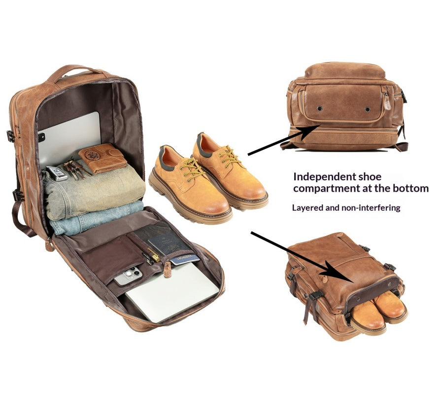 A brown leather travel backpack shown open with folded clothes, a laptop, wallet, and phone inside, alongside two inset views demonstrating its features: an independent shoe compartment at the bottom and layered shoe protection. The image is on a light gray background with explanatory text and arrows.